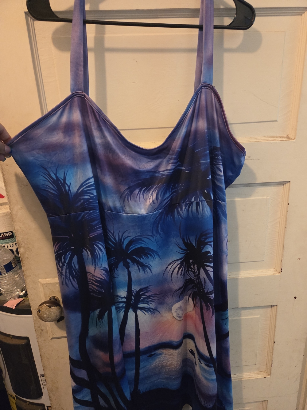Tropical Palm Print Maxi Dress in Blue and Purple ()